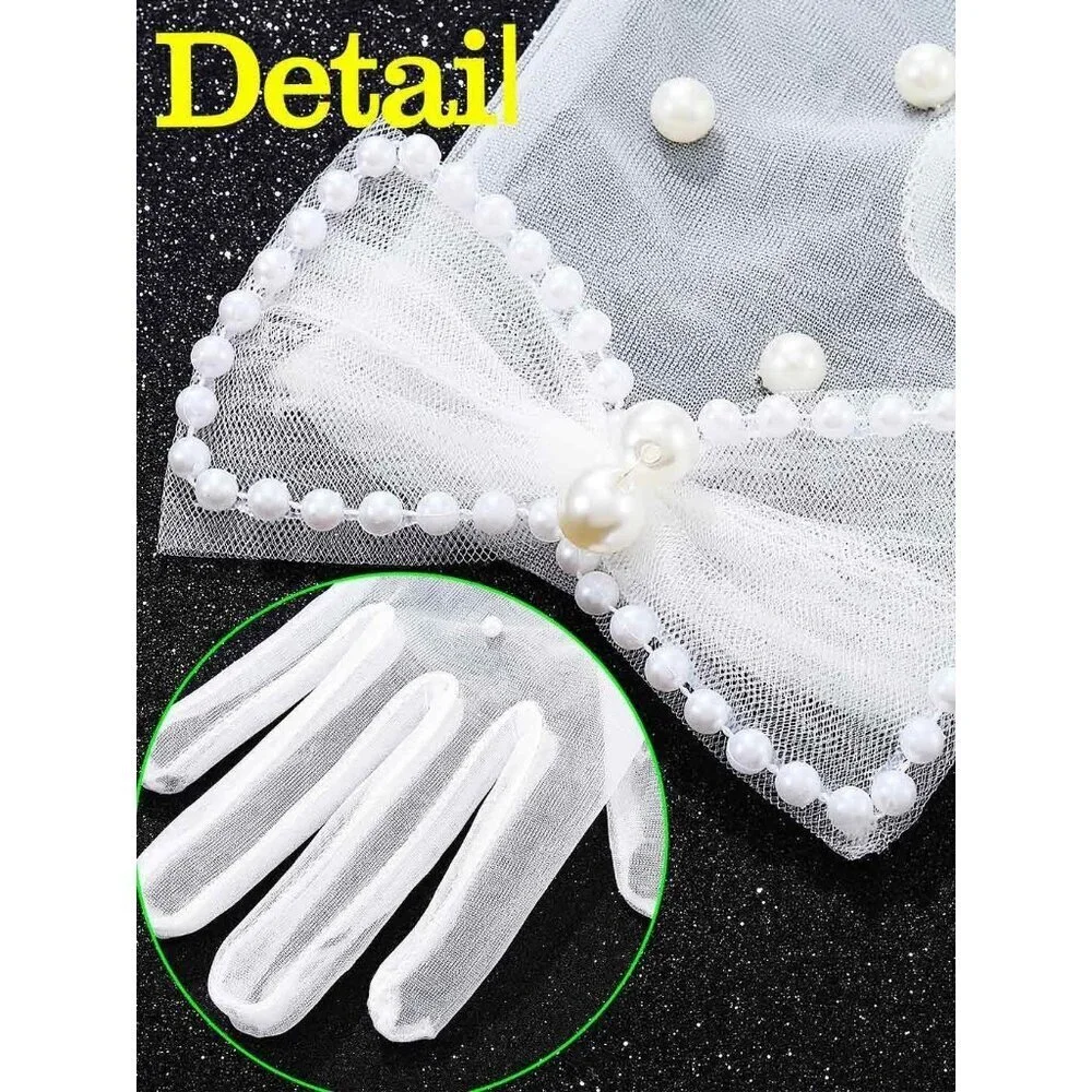 Women's White Pearl Bow Gloves Sheer Tea Party Tulle Mesh Bridal Party Prom